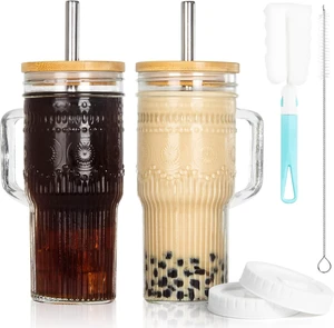 Glass Cups with Bamboo Lids and Straws, 22oz Glass Tumbler with Handle, Stainless Steel Straws & Cleaning Brushes Boho Pattern Iced Coffee Cup for Smoothies, Tea, and Gifts, Set of 2 Glass Cups with Bamboo Lids and Straws, 22oz Glass Tumbler with Handle, Stainless Steel Straws & Cleaning Brushes Boho Pattern Iced Coffee Cup for Smoothies, Tea, and Gifts, Set of 2