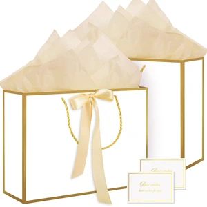 2 Pcs White Gold Foil Gift Bags, 14" Medium Wedding Gift Bag | 4 Tissue Paper and 2 Cards, Ribbon Handles, for Wedding Bridal Shower, Baby Shower, Birthday Party 2 Pcs White Gold Foil Gift Bags, 14" Medium Wedding Gift Bag | 4 Tissue Paper and 2 Cards, Ribbon Handles, for Wedding Bridal Shower, Baby Shower, Birthday Party