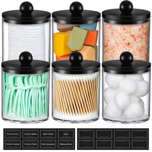 6 Pack Acrylic Qtip Holder Dispenser for Cotton Swabs, Balls, Pads, Floss - Plastic Canister Apothecary Jar Set, Bathroom Essentials Accessories Decor Vanity Makeup Storage Organizer - Clear & Black 6 Pack Acrylic Qtip Holder Dispenser for Cotton Swabs, Balls, Pads, Floss - Plastic Canister Apothecary Jar Set, Bathroom Essentials Accessories Decor Vanity Makeup Storage Organizer - Clear & Black