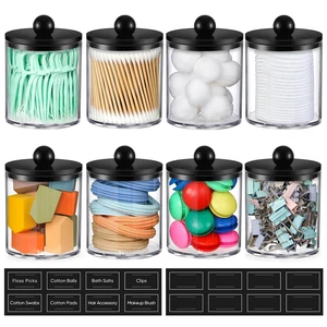 8 Pack Acrylic Qtip Holder Dispenser for Cotton Swabs, Balls, Pads, Floss - Plastic Canister Apothecary Jar Set, Bathroom Essentials Accessories Decor Vanity Makeup Storage Organizer - Clear & Black 8 Pack Acrylic Qtip Holder Dispenser for Cotton Swabs, Balls, Pads, Floss - Plastic Canister Apothecary Jar Set, Bathroom Essentials Accessories Decor Vanity Makeup Storage Organizer - Clear & Black