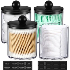4 Pcs, Acrylic Qtip Holder Dispenser for Cotton Swab, Ball, Round Pads, Floss Picks - Plastic Apothecary Jar Set, Bathroom Canister Decor Storage Accessories, Vanity Makeup Organizer - Clear & Black 4 Pcs, Acrylic Qtip Holder Dispenser for Cotton Swab, Ball, Round Pads, Floss Picks - Plastic Apothecary Jar Set, Bathroom Canister Decor Storage Accessories, Vanity Makeup Organizer - Clear & Black