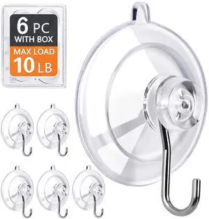Suction Cup Hooks 6Pack - Max Load 10LB, No Trace, Reusable & Removable, 1.77Inch Clear Medium Suction Cups, Stainless Steel Hooks, for Tile, Glass, Window, Shower, Kitchen, Bathroom, Decor Suction Cup Hooks 6Pack - Max Load 10LB, No Trace, Reusable & Removable, 1.77Inch Clear Medium Suction Cups, Stainless Steel Hooks, for Tile, Glass, Window, Shower, Kitchen, Bathroom, Decor