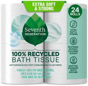 Seventh Generation Toilet Paper, 100% Recycled 2-Ply Bath Tissue, 4 Rolls of 240 Sheets, Extra Soft & Strong for Home & RV, Whitened without Chlorine Bleach, No Dyes or Fragrances, Septic Safe Seventh Generation Toilet Paper, 100% Recycled 2-Ply Bath Tissue, 4 Rolls of 240 Sheets, Extra Soft & Strong for Home & RV, Whitened without Chlorine Bleach, No Dyes or Fragrances, Septic Safe