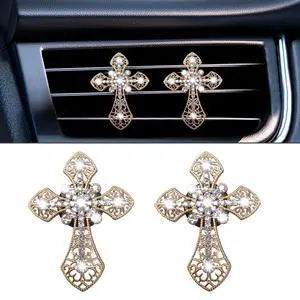 Bling Car Dashboard Air Vent Trim Clips, Crystal Rhinestone Air Vent Clips, Car Interior Decoration Accessories, Cross Air Conditioning Outlet Clip for Women Girls (Gold, 2PCS) Bling Car Dashboard Air Vent Trim Clips, Crystal Rhinestone Air Vent Clips, Car Interior Decoration Accessories, Cross Air Conditioning Outlet Clip for Women Girls (Gold, 2PCS)