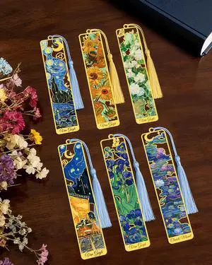 6 Pieces Metal Bookmarks with Tassel, Golden Hollow Bookmark Oil Painting Van Gogh Monet Theme Book Mark Bookmarks for Book Lovers Writers Readers Children Teens Men Women Adults 6 Pieces Metal Bookmarks with Tassel, Golden Hollow Bookmark Oil Painting Van Gogh Monet Theme Book Mark Bookmarks for Book Lovers Writers Readers Children Teens Men Women Adults