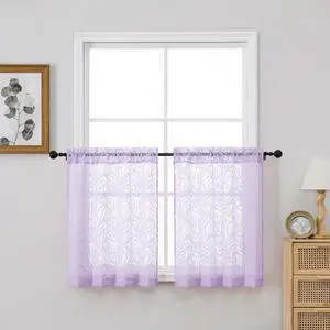 Lavender Kitchen Sheer Curtains 30 inch Length 2 Panels Set, Voile Light Filtering Farmhouse Leaf Jacquard Short Tier Curtains for Cafe Bathroom Bedroom, Dual Rod Pocket, 2x30Wx30L Inches Lavender Kitchen Sheer Curtains 30 inch Length 2 Panels Set, Voile Light Filtering Farmhouse Leaf Jacquard Short Tier Curtains for Cafe Bathroom Bedroom, Dual Rod Pocket, 2x30Wx30L Inches