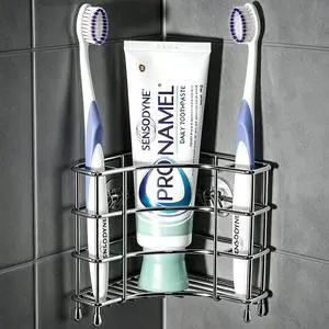 Corner Toothbrush Holder, Stainless Steel Wall Mount Organizer | Bathroom corner organizer with 3 storage slots for toothbrushes, toothpaste, razors. No-drill adhesive saves counter space. Corner Toothbrush Holder, Stainless Steel Wall Mount Organizer | Bathroom corner organizer with 3 storage slots for toothbrushes, toothpaste, razors. No-drill adhesive saves counter space.