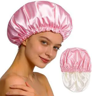 Reusable Double Layer Satin Lined Shower Cap, Waterproof Bath Cap with Soft Satin Interior for Frizz Control, Elastic Band for Most Head Sizes, Ideal for Curly & Braided Hair, Pink Reusable Double Layer Satin Lined Shower Cap, Waterproof Bath Cap with Soft Satin Interior for Frizz Control, Elastic Band for Most Head Sizes, Ideal for Curly & Braided Hair, Pink