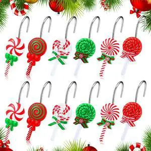 12 Pcs Candy Shower Curtain Hooks 6 Styles White Green and Red Peppermint Lollipop Candy Cane Xmas Rustproof Hangers Hooks Holiday Curtain Rings for Winter Home Bathroom Accessories Set 12 Pcs Candy Shower Curtain Hooks 6 Styles White Green and Red Peppermint Lollipop Candy Cane Xmas Rustproof Hangers Hooks Holiday Curtain Rings for Winter Home Bathroom Accessories Set