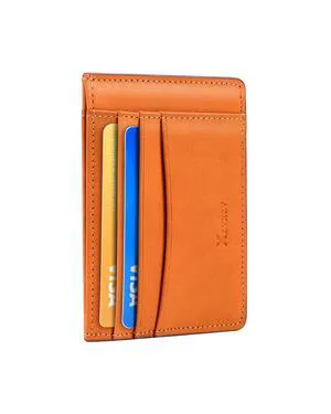 Men's Slim Wallet Italian Pebbled Leather Minimalist Front Pocket RFID Blocking Credit Card Holder with Gift Box Orange Men's Slim Wallet Italian Pebbled Leather Minimalist Front Pocket RFID Blocking Credit Card Holder with Gift Box Orange