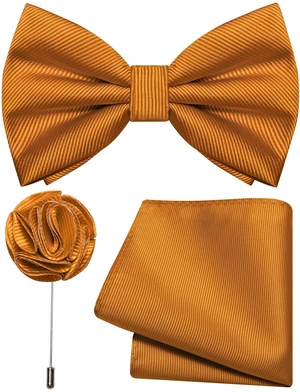 Dark Gold Bow Tie Set Silk Woven Pre-tied Bowtie and Pocket Square with Lapel Pin Wedding Party Dark Gold Bow Tie Set Silk Woven Pre-tied Bowtie and Pocket Square with Lapel Pin Wedding Party
