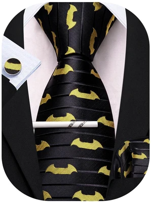 Halloween Tie Men with Tie Clip Silk Pocket Square Cufflinks Set | Black Yellow Bat Necktie,Party,Costume,Cosplay,Props Halloween Tie Men with Tie Clip Silk Pocket Square Cufflinks Set | Black Yellow Bat Necktie,Party,Costume,Cosplay,Props
