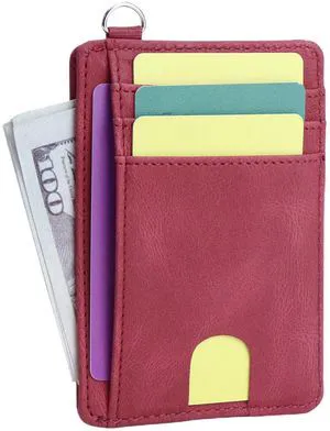 Slim Minimalist Wallet, Front Pocket Wallets with ID Window PU Leather, RFID Blocking, Credit Card Holder with D-Shackle for Men & Women (Burgundy Red) Slim Minimalist Wallet, Front Pocket Wallets with ID Window PU Leather, RFID Blocking, Credit Card Holder with D-Shackle for Men & Women (Burgundy Red)