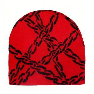 KEEPFLY Women Y2k Beanie Hat Winter Knitted Hat Skull Cap Stylish Chain Pattern Beanie Hats for Women Men,Chain Red KEEPFLY Women Y2k Beanie Hat Winter Knitted Hat Skull Cap Stylish Chain Pattern Beanie Hats for Women Men,Chain Red