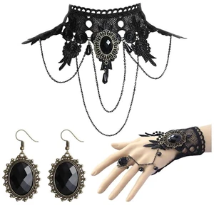 Gothic Jewelry Set for Women, Black Lace Choker Necklace Earrings Bracelet Ring Set, Halloween Costume Accessories for Witch Vampire Outfits, Vintage Goth Party Jewelry Gothic Jewelry Set for Women, Black Lace Choker Necklace Earrings Bracelet Ring Set, Halloween Costume Accessories for Witch Vampire Outfits, Vintage Goth Party Jewelry