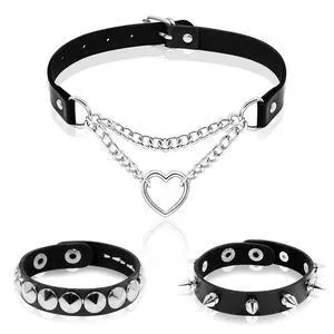 ZAGQIG 3Pcs Leather Choker Necklace for Women Heart Chain Choker Necklace Studded Bracelet Punk Gothic Emo Accessories for Halloween Outfits Cosplay (Black A) ZAGQIG 3Pcs Leather Choker Necklace for Women Heart Chain Choker Necklace Studded Bracelet Punk Gothic Emo Accessories for Halloween Outfits Cosplay (Black A)