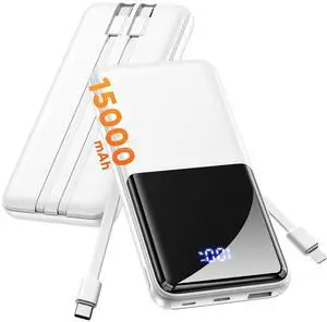 Portable Charger 15000mAh Slim Power Bank with Built in Cables | 22.5W Fast Charge, Travel Essential, 50% Larger Capacity USB C Battery Pack for iPhone Samsung Google Android, White Portable Charger 15000mAh Slim Power Bank with Built in Cables | 22.5W Fast Charge, Travel Essential, 50% Larger Capacity USB C Battery Pack for iPhone Samsung Google Android, White