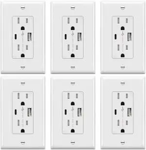 4.2A USB Outlets, 15 Amp Wall Outlet with USB Ports,White,6 Pack | USB Outlets Receptacles with Type C&A Ports, Tamper Resistant Receptacle Plug, UL Listed, Wall Plate Included, TU21536AC-W 4.2A USB Outlets, 15 Amp Wall Outlet with USB Ports,White,6 Pack | USB Outlets Receptacles with Type C&A Ports, Tamper Resistant Receptacle Plug, UL Listed, Wall Plate Included, TU21536AC-W
