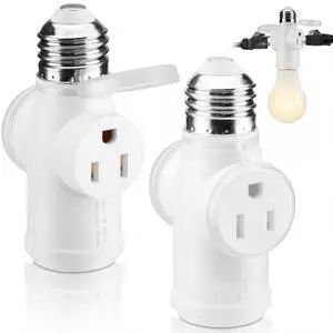 2-Pack E26 Light Socket Outlet Adapter, 2 Outlets & Bulb Socket | Keeps the E26 bulb socket available while adding 2 capped outlets for cameras, holiday lights, and other low-draw devices. 2-Pack E26 Light Socket Outlet Adapter, 2 Outlets & Bulb Socket | Keeps the E26 bulb socket available while adding 2 capped outlets for cameras, holiday lights, and other low-draw devices.