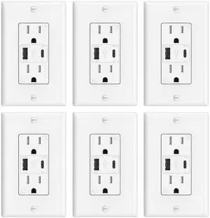 USB Outlet, 4.2A 15 Amp Wall Outlet with USB Ports | 21W Fast Charging, White, 6 Pack, ETL Listed, Type-A & Type-C Wall Outlet, Wall Plate Included, Tamper Resistant for Safe USB Outlet, 4.2A 15 Amp Wall Outlet with USB Ports | 21W Fast Charging, White, 6 Pack, ETL Listed, Type-A & Type-C Wall Outlet, Wall Plate Included, Tamper Resistant for Safe