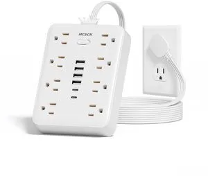 Power Strip 10ft Cord 8 Outlet 6 USB Surge Protector Flat Plug White | 2 USB-C. 900J surge. 16AWG 10ft cord. UL 62368-1 tested. Flat plug. Wall mount. Spaced outlets. 14-in-1 home office Power Strip 10ft Cord 8 Outlet 6 USB Surge Protector Flat Plug White | 2 USB-C. 900J surge. 16AWG 10ft cord. UL 62368-1 tested. Flat plug. Wall mount. Spaced outlets. 14-in-1 home office