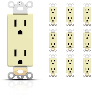 Decorator Receptacle Outlet, 15A 125V Standard Electrical Wall Socket, 2 Pole 3 Wire, Non-Tamper Resistant, NEMA 5-15R, Self-Grounding Residential Grade, UL, Ivory, 10 Pack Decorator Receptacle Outlet, 15A 125V Standard Electrical Wall Socket, 2 Pole 3 Wire, Non-Tamper Resistant, NEMA 5-15R, Self-Grounding Residential Grade, UL, Ivory, 10 Pack
