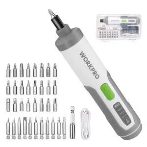 4V Electric Screwdriver, Rechargeable Cordless Screwdriver Set with 35 Bits, Extension Rod, USB Charging Cable in Carrying Case, LED Light, White Gray 4V Electric Screwdriver, Rechargeable Cordless Screwdriver Set with 35 Bits, Extension Rod, USB Charging Cable in Carrying Case, LED Light, White Gray