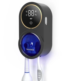Toothbrush Holder for Bathroom, Wall Mounted Rechargeable Cleaner | UVC+UVA Dual Light, 3H Auto Air Drying, Touchless Infrared Sensor, LED Screen, Covered Storage, Black Gold Trim Toothbrush Holder for Bathroom, Wall Mounted Rechargeable Cleaner | UVC+UVA Dual Light, 3H Auto Air Drying, Touchless Infrared Sensor, LED Screen, Covered Storage, Black Gold Trim