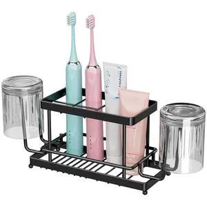 Toothbrush Holder, Wall Mount & Countertop, 2 Cup Hooks Black Metal | No-Drill Adhesive Mount, Draining Grid, Fits Electric Toothbrushes, Ample Storage, Rustproof Toothbrush Holder, Wall Mount & Countertop, 2 Cup Hooks Black Metal | No-Drill Adhesive Mount, Draining Grid, Fits Electric Toothbrushes, Ample Storage, Rustproof