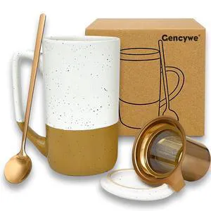 Ceramics Large Tea Cup with Loose Leaf Infuser, Spoon and Lid, 16 oz Tall Coffee Mug, Microwave and Dishwasher Safe, Rustic Matte Ceramic Glaze, Tea Strainer, Amber Ceramics Large Tea Cup with Loose Leaf Infuser, Spoon and Lid, 16 oz Tall Coffee Mug, Microwave and Dishwasher Safe, Rustic Matte Ceramic Glaze, Tea Strainer, Amber
