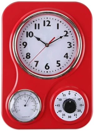 - 9 Inch x 12.5 Inch - Retro Kitchen Wall Clock, Vintage Wall Clock with a Thermometer and 60-Minute Timer, Ideal for Any Kitchen, Office, or Diner (Red) - 9 Inch x 12.5 Inch - Retro Kitchen Wall Clock, Vintage Wall Clock with a Thermometer and 60-Minute Timer, Ideal for Any Kitchen, Office, or Diner (Red)