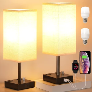 Bedside Table Lamps Set of 2 for Bedroom - Dimmable, USB C+A, 2 AC Outlets | Stepless Dimmable by Rotary Knob, 3000K LED Bulbs Included, Square Beige Linen Shade, Nightstand Lamp for Living Room, Desk Bedside Table Lamps Set of 2 for Bedroom - Dimmable, USB C+A, 2 AC Outlets | Stepless Dimmable by Rotary Knob, 3000K LED Bulbs Included, Square Beige Linen Shade, Nightstand Lamp for Living Room, Desk