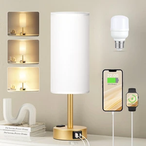 Gold Bedside Lamp for Bedroom, Dimmable Touch, USB A+C, AC Outlet | 3-Way Dimmable, LED Bulb Included, USB C+A Charging Ports, White Fabric Lampshade, Metal Base, 14in Small Table Lamp Gold Bedside Lamp for Bedroom, Dimmable Touch, USB A+C, AC Outlet | 3-Way Dimmable, LED Bulb Included, USB C+A Charging Ports, White Fabric Lampshade, Metal Base, 14in Small Table Lamp
