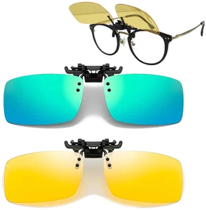 Clip-On Polarized Night Vision Driving Glasses, Large Yellow & Black | Flip-up Lens Design with UV-400 Protection for Filtering Glare and Stray Light Over Prescription Eyewear, for Night Driving Clip-On Polarized Night Vision Driving Glasses, Large Yellow & Black | Flip-up Lens Design with UV-400 Protection for Filtering Glare and Stray Light Over Prescription Eyewear, for Night Driving
