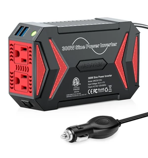 Pure Sine Wave Power Inverter, 300W DC 12-17V to 110V AC Car Adapter | Vehicle Plug in Cigarette Lighter Outlet Solar Inverter, 4.8A Dual USB Fast Charging Ports for Phone, Laptop, CPAP(Black) Pure Sine Wave Power Inverter, 300W DC 12-17V to 110V AC Car Adapter | Vehicle Plug in Cigarette Lighter Outlet Solar Inverter, 4.8A Dual USB Fast Charging Ports for Phone, Laptop, CPAP(Black)
