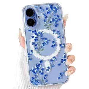for iPhone 17 Case Magnetic Clear Flower - Blue | Compatible with MagSafe, Cute floral leaves pattern, For woman girl, Soft TPU + Hard PC back, Shockproof protective cover for iPhone 17 Case Magnetic Clear Flower - Blue | Compatible with MagSafe, Cute floral leaves pattern, For woman girl, Soft TPU + Hard PC back, Shockproof protective cover