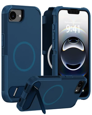 Military Grade Drop Protection Case for iPhone 16e / 17e Blue | Compatible with MagSafe; With metal kickstand; Heavy Duty Dual Layer Silicone & PC Hard Shell Military Grade Drop Protection Case for iPhone 16e / 17e Blue | Compatible with MagSafe; With metal kickstand; Heavy Duty Dual Layer Silicone & PC Hard Shell