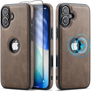 Designed for iPhone 16 Plus Case Compatible with MagSafe Leather Slim Logo View Luxury Elegant Thin Cover with Tempered Glass Screen Protector (2024 6.7"- Grey Designed for iPhone 16 Plus Case Compatible with MagSafe Leather Slim Logo View Luxury Elegant Thin Cover with Tempered Glass Screen Protector (2024 6.7"- Grey