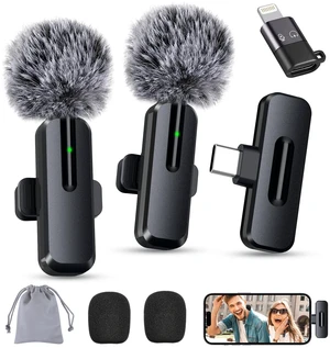 Wireless Lavalier Mini Microphone for iPhone, Android, 2 Pack Clip on Mini Mic with USB-C & Lightning, 2-in-1 Noise Reduction Lapel Mic for Video Recording, Podcast, Vlogging, YouTube Wireless Lavalier Mini Microphone for iPhone, Android, 2 Pack Clip on Mini Mic with USB-C & Lightning, 2-in-1 Noise Reduction Lapel Mic for Video Recording, Podcast, Vlogging, YouTube
