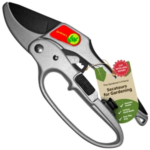 Heavy Duty Ratchet Pruning Shears, Anvil | Manganese steel blade cuts thick branches to 1 inch. Aluminum body garden clippers with safety latch, 3-stage action. Heavy Duty Ratchet Pruning Shears, Anvil | Manganese steel blade cuts thick branches to 1 inch. Aluminum body garden clippers with safety latch, 3-stage action.