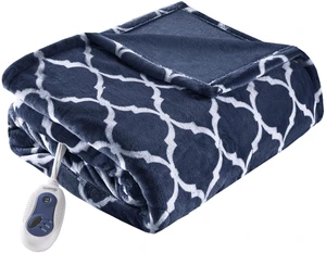 Plush Heated Throw, Fast Heating Electric Blanket, Indigo | Ogee Printed Electric Throw With 3 Heat Settings & Auto Shut Off, Machine Washable Plush Heated Throw, Fast Heating Electric Blanket, Indigo | Ogee Printed Electric Throw With 3 Heat Settings & Auto Shut Off, Machine Washable