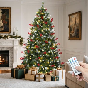 Prelit Pre-Decorated Christmas Tree 6FT with Remote | Artificial Hinged Christmas Tree with 58 Pine Cones & 58 Red Berries, Xmas Tree with 818 Frosted Tips, 250 Lights Prelit Pre-Decorated Christmas Tree 6FT with Remote | Artificial Hinged Christmas Tree with 58 Pine Cones & 58 Red Berries, Xmas Tree with 818 Frosted Tips, 250 Lights