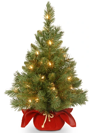 24in Pre-Lit Majestic Fir Mini Christmas Tree | 35 Clear Lights, 71 Tips, Red Cloth Base, Artificial, Green 24in Pre-Lit Majestic Fir Mini Christmas Tree | 35 Clear Lights, 71 Tips, Red Cloth Base, Artificial, Green