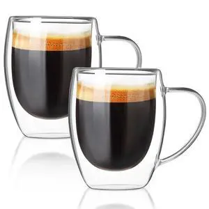 2 Pack 12 oz Double-Walled Glass Coffee Mugs, Clear Borosilicate Glass Cups with Handles, Insulated Coffee Cups for Cappuccino, Latte, Espresso & Hot Beverages 2 Pack 12 oz Double-Walled Glass Coffee Mugs, Clear Borosilicate Glass Cups with Handles, Insulated Coffee Cups for Cappuccino, Latte, Espresso & Hot Beverages