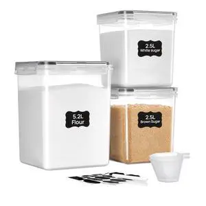 3 Pack Flour & Sugar Storage Containers, BPA-Free Airtight Food Storage Set with Labels & Scoops, 5.2L Container for 5 lb Flour, 2.5L for 3 lb Sugar, Dishwasher Safe, White 3 Pack Flour & Sugar Storage Containers, BPA-Free Airtight Food Storage Set with Labels & Scoops, 5.2L Container for 5 lb Flour, 2.5L for 3 lb Sugar, Dishwasher Safe, White