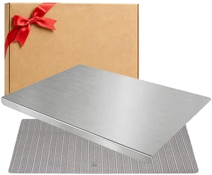 L-Shaped Stainless Steel Cutting Board with Lip, 15.7 x 11.8 in | Includes a non-slip mat and gift box with a double-sided prep surface for meat, produce, bread, and dough L-Shaped Stainless Steel Cutting Board with Lip, 15.7 x 11.8 in | Includes a non-slip mat and gift box with a double-sided prep surface for meat, produce, bread, and dough