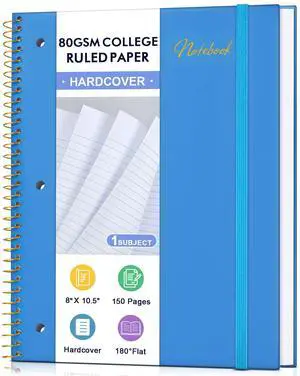 Notebook College Ruled Paper 8" x 10-1/2", 1 Subject Spiral Notebook 80GSM Paper, 3-Hole Punched Perforated Pages Ideal for School, Office, Writing, 75 Sheets Lined Journaling Notebook, Blue Notebook College Ruled Paper 8" x 10-1/2", 1 Subject Spiral Notebook 80GSM Paper, 3-Hole Punched Perforated Pages Ideal for School, Office, Writing, 75 Sheets Lined Journaling Notebook, Blue