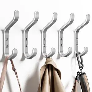 Wall Hook for Hanging Coats - Silver Coat Hook 5 Pack. | Wall Mount for Backpack, Bag, Keys and Towel, Double Hook in Closet, Entryway, Door, Bathroom, Hold Up to 22Lbs. Wall Hook for Hanging Coats - Silver Coat Hook 5 Pack. | Wall Mount for Backpack, Bag, Keys and Towel, Double Hook in Closet, Entryway, Door, Bathroom, Hold Up to 22Lbs.