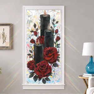 Black Candle Red Rose Window Privacy Film 17x39in Static Cling PVC | Black candle and red rose decor with removable reusable static cling for bedrooms bathrooms living rooms and glass doors Black Candle Red Rose Window Privacy Film 17x39in Static Cling PVC | Black candle and red rose decor with removable reusable static cling for bedrooms bathrooms living rooms and glass doors