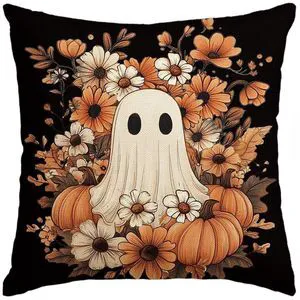 Halloween Ghost Pumpkin Black Throw Pillow Cover, 18 x 18 Inch Holiday Farmhouse Orange Flower Spooky Cushion Case Decoration for Sofa Couch Halloween Ghost Pumpkin Black Throw Pillow Cover, 18 x 18 Inch Holiday Farmhouse Orange Flower Spooky Cushion Case Decoration for Sofa Couch